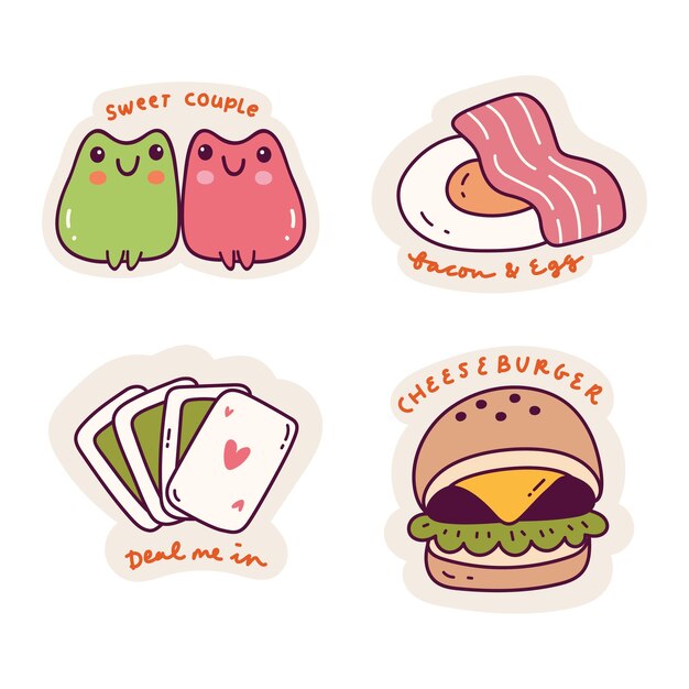 conjunto, de, caricatura, kawaii, pegatina, garabato