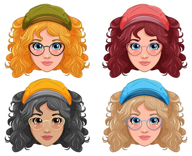 Conjunto de caricaturas de mujeres jóvenes con cabeza y gorra