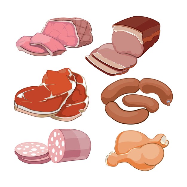 Conjunto de carne de carnicería de dibujos animados. Carnicería y jamón, bistec y tocino