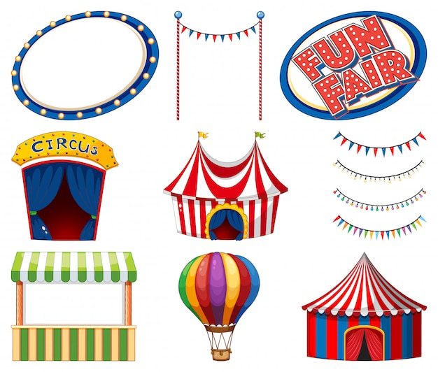 Conjunto de carpas de circo y signos