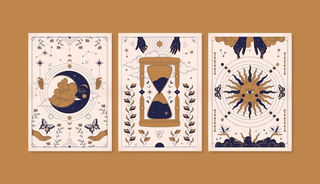 Conjunto de cartas celestiales dibujadas a mano.