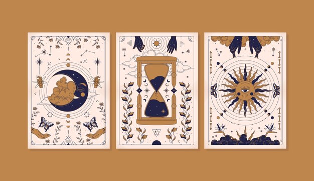 Conjunto de cartas celestiales dibujadas a mano.
