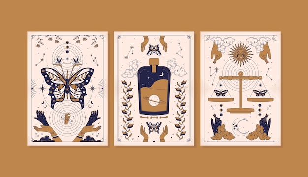 Conjunto de cartas celestiales dibujadas a mano.