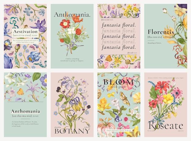 Conjunto de carteles de anuncios de vector de plantilla floral hermosa editable