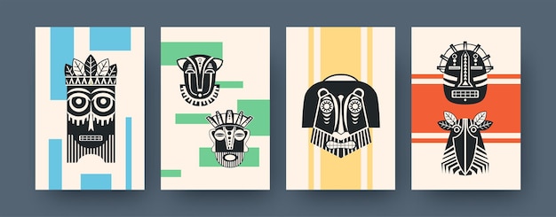Vector gratuito conjunto de carteles de arte contemporáneo con máscaras tribales africanas. ilustración vectorial. colección de máscaras tribales africanas en diferentes composiciones.