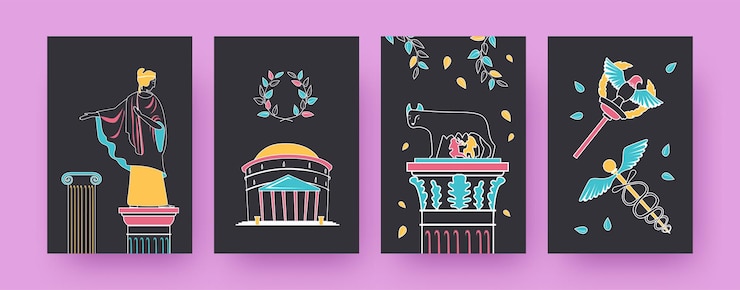 Vector gratuito conjunto de carteles de arte contemporáneo con símbolos del imperio romano. panteón, ilustración de lobo capitolino