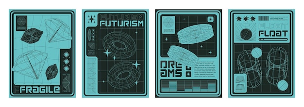 Conjunto de carteles geométricos retro futuristas y2k.