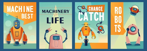Conjunto de carteles de personajes robóticos.