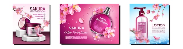 Conjunto de carteles promocionales de cosméticos naturales de sakura vector