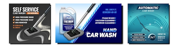 Conjunto de carteles promocionales de servicio de lavado de autos.