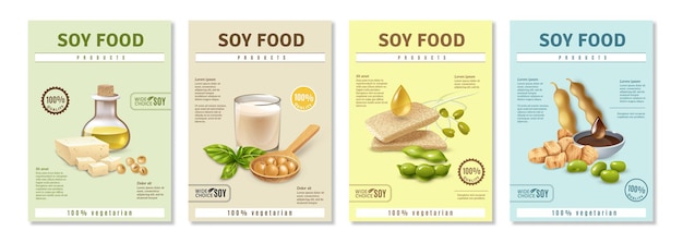 Vector gratuito conjunto de carteles publicitarios verticales con productos alimenticios de soja en coloridos aislados