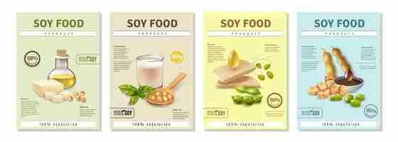 Vector gratuito conjunto de carteles publicitarios verticales con productos alimenticios de soja en coloridos aislados