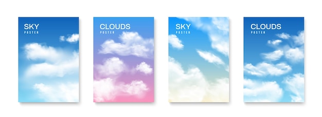 Vector gratuito conjunto de carteles realistas de cielo nublado de cuatro composiciones verticales aisladas con texto de color cielo y nubes ilustración vectorial