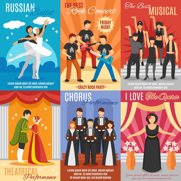Conjunto de carteles de teatro plano