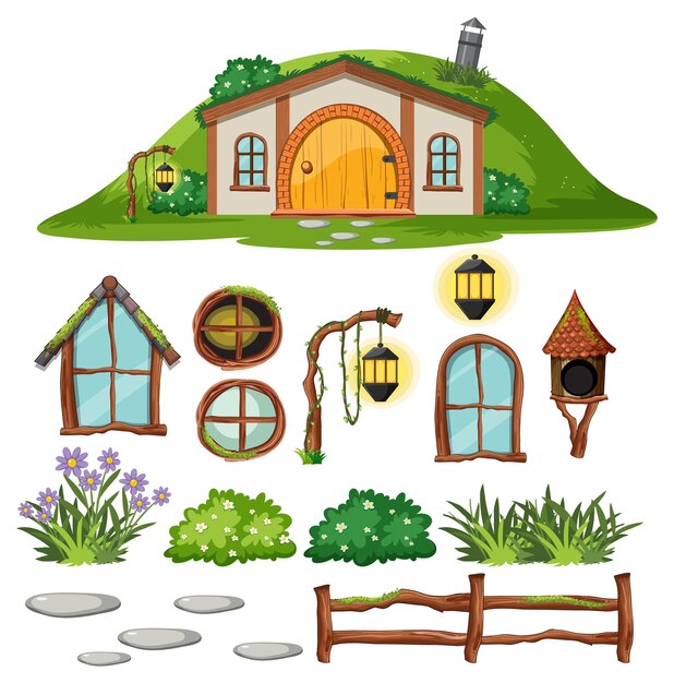 Conjunto de casa hobbit con puerta y ventana separadas
