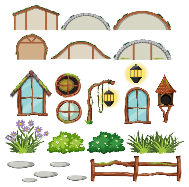 Vector gratuito conjunto de casa hobbit con puerta y ventana separadas