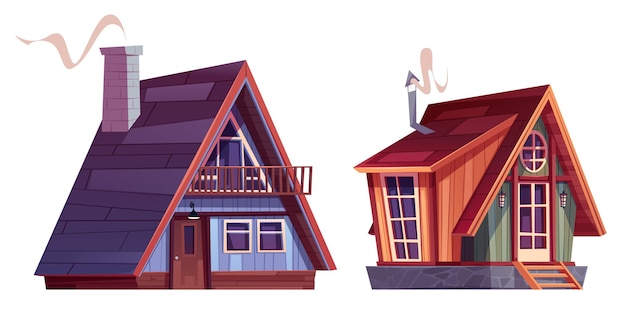 Vector gratuito conjunto de casas de chalet de madera aisladas sobre fondo blanco ilustración de dibujos animados vectoriales de pequeñas cabañas con techos abuhardillados porche y ventanas chimenea con elementos de diseño de estación de esquí de invierno de humo