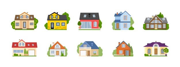 Conjunto de casas de dibujos animados aislados Casas suburbanas simples Concepto de propiedad y propiedad inmobiliaria