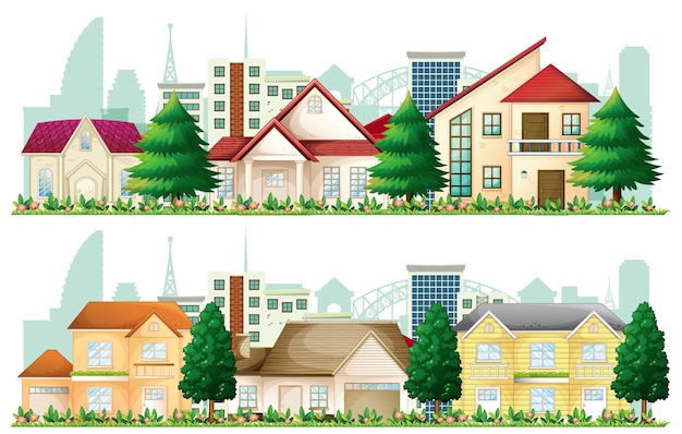 Conjunto de casas suburbanas sobre fondo blanco.
