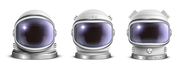 Vector gratuito conjunto de casco de astronauta realista de tres imágenes aisladas de casco de traje espacial con diferentes modelos de diseño ilustración vectorial