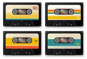 Vector gratuito conjunto de cassette de música vintage realista de cuatro aislados de cintas de audio con ilustración de sombras