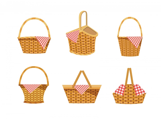 Conjunto de cesta con decoración de alimentos y manteles.