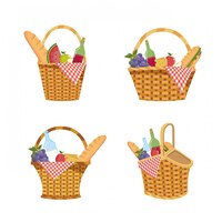 Vector gratuito conjunto de cesta con decoración de alimentos y manteles.