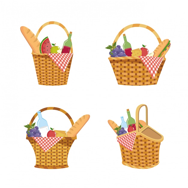 Conjunto de cesta con decoración de alimentos y manteles.