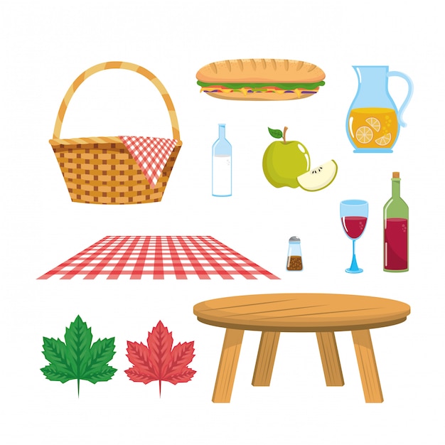 Vector gratuito conjunto de cesta con mantel y mesa con comida.