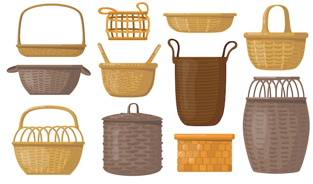 Conjunto de cestas vacías. cajas y cestas de mimbre, contenedores para almacenamiento.