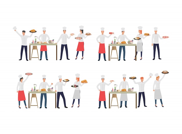 Vector gratuito conjunto de chefs con varios platos.