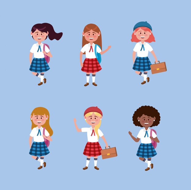 Conjunto de chicas estudiantes con uniforme y mochila.