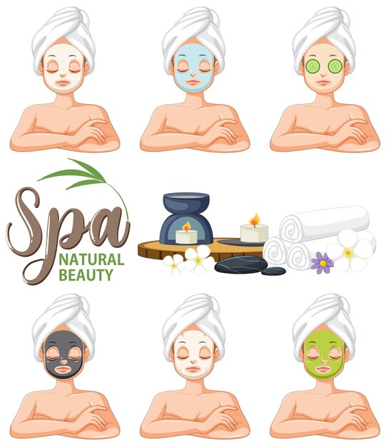 Conjunto de chicas de spa aplicando mascarilla facial.