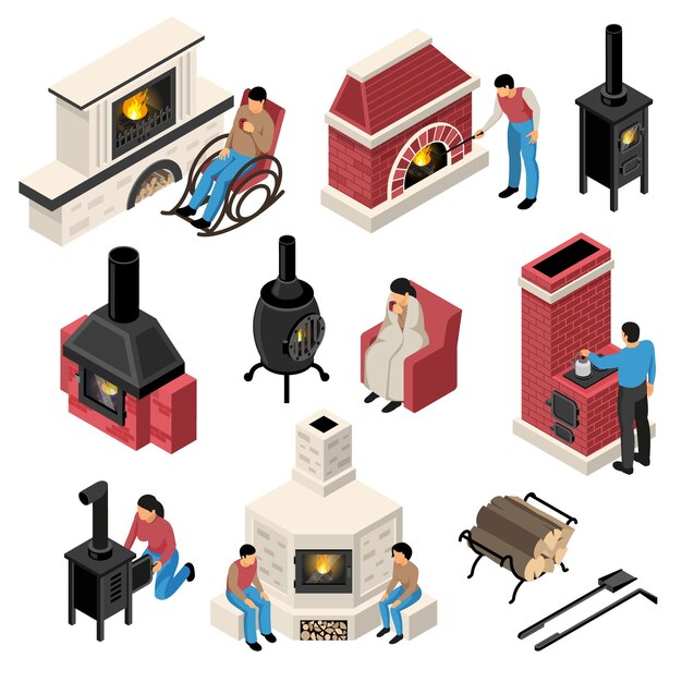 Conjunto de chimeneas isométricas y hornos de varios con personajes humanos aislados