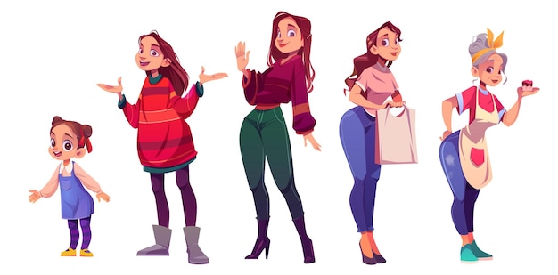 Vector gratuito conjunto de ciclo de vida de personaje femenino desde niño hasta edad mayor