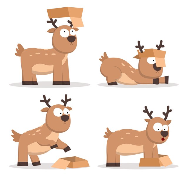 Conjunto de ciervos lindos jugando con caja de papel en personaje de dibujos animados, ilustración vectorial