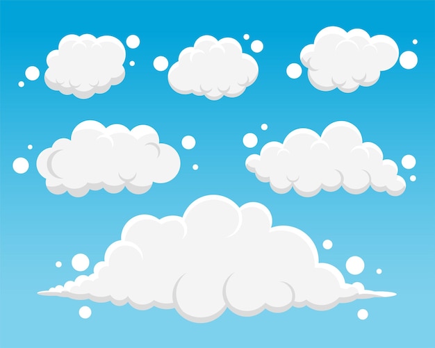 Vector gratuito conjunto de cinco nubes de dibujos animados fluddy