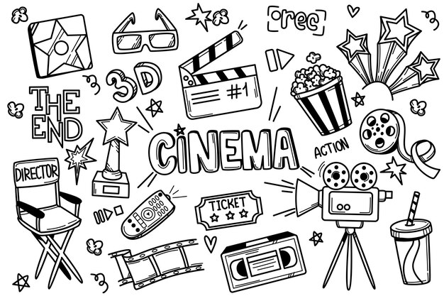 Conjunto de cine de película de garabato dibujado a mano