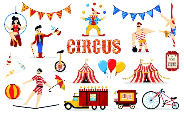 Conjunto de circo con imágenes aisladas de personajes de artistas de estilo de dibujos animados entradas banderas y carpas de circo ilustración vectorial