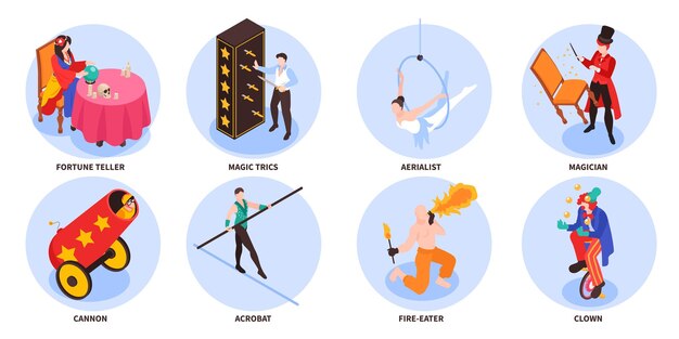 Conjunto de circo isométrico de composiciones redondas aisladas con personajes de artistas intérpretes o ejecutantes con ilustraciones de vectores de subtítulos de cañón y texto