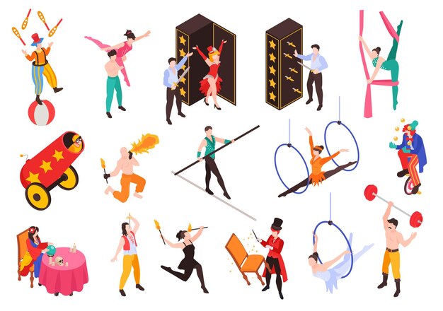 Conjunto de circo isométrico con íconos aislados de accesorios con personajes de artistas intérpretes o ejecutantes en ilustración vectorial de fondo en blanco