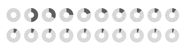 Conjunto de círculos segmentados aislado en un fondo blanco. Conjunto grande de fracciones, de diagramas de rueda. Varios números de sectores dividen el círculo en partes iguales.