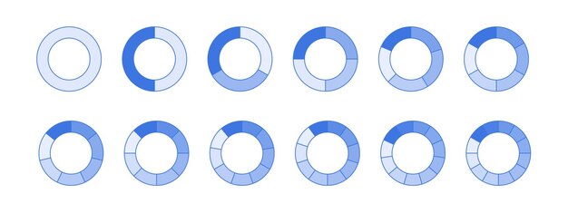 Conjunto de círculos de segmentos aislados plantilla de gráfico de pie Infografía de segmentos Colección de iconos de fracciones