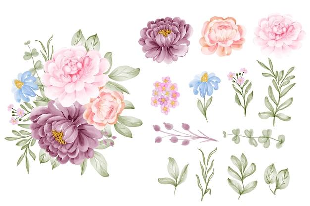 Conjunto de clip art aislado de flor rosa púrpura y hoja
