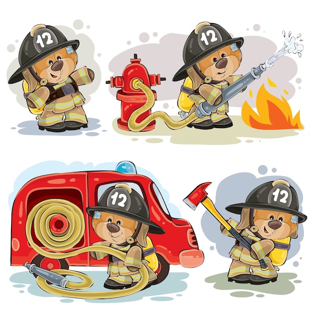 Conjunto de clip art vector de bombero de osito de peluche
