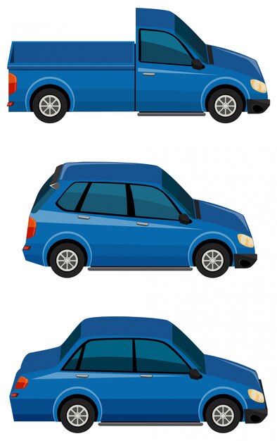 Conjunto de coches azules sobre fondo blanco.
