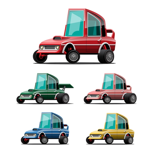 Vector gratuito conjunto de coches deportivos en estilo de dibujos animados en blanco