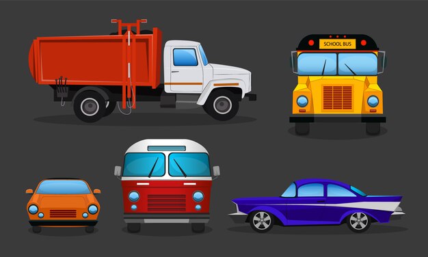 Conjunto de coches de dibujos animados - transporte público o vehículos privados.