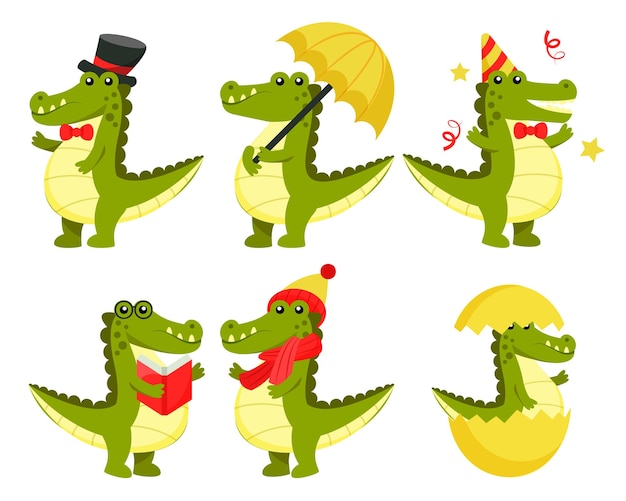 Conjunto de cocodrilo con varios personajes de dibujos animados de animales de actividad Diseño gráfico para el tema de la fiesta de publicidad de pegatinas de banner Ilustración vectorial