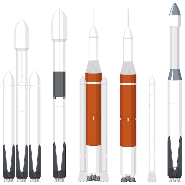 Vector gratuito conjunto de cohetes y vehículos de lanzamiento.